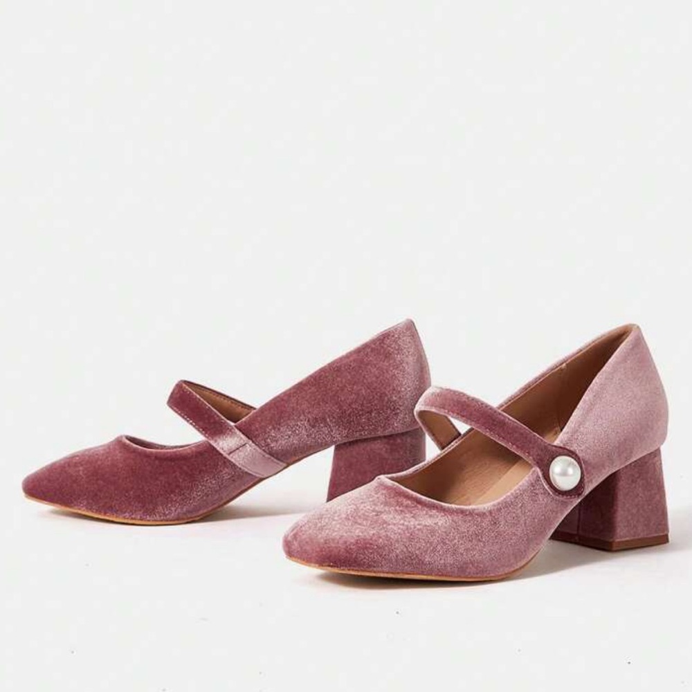 SHEIN Rose Pink Velvet Mary Jane Block Heels with Pearl Accent